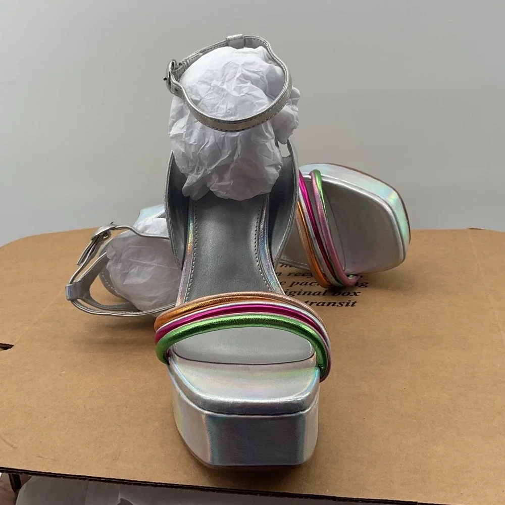 Circus NY Sam Edelman Silver Holographic Multi Strap Platform Flared Heel Sandal